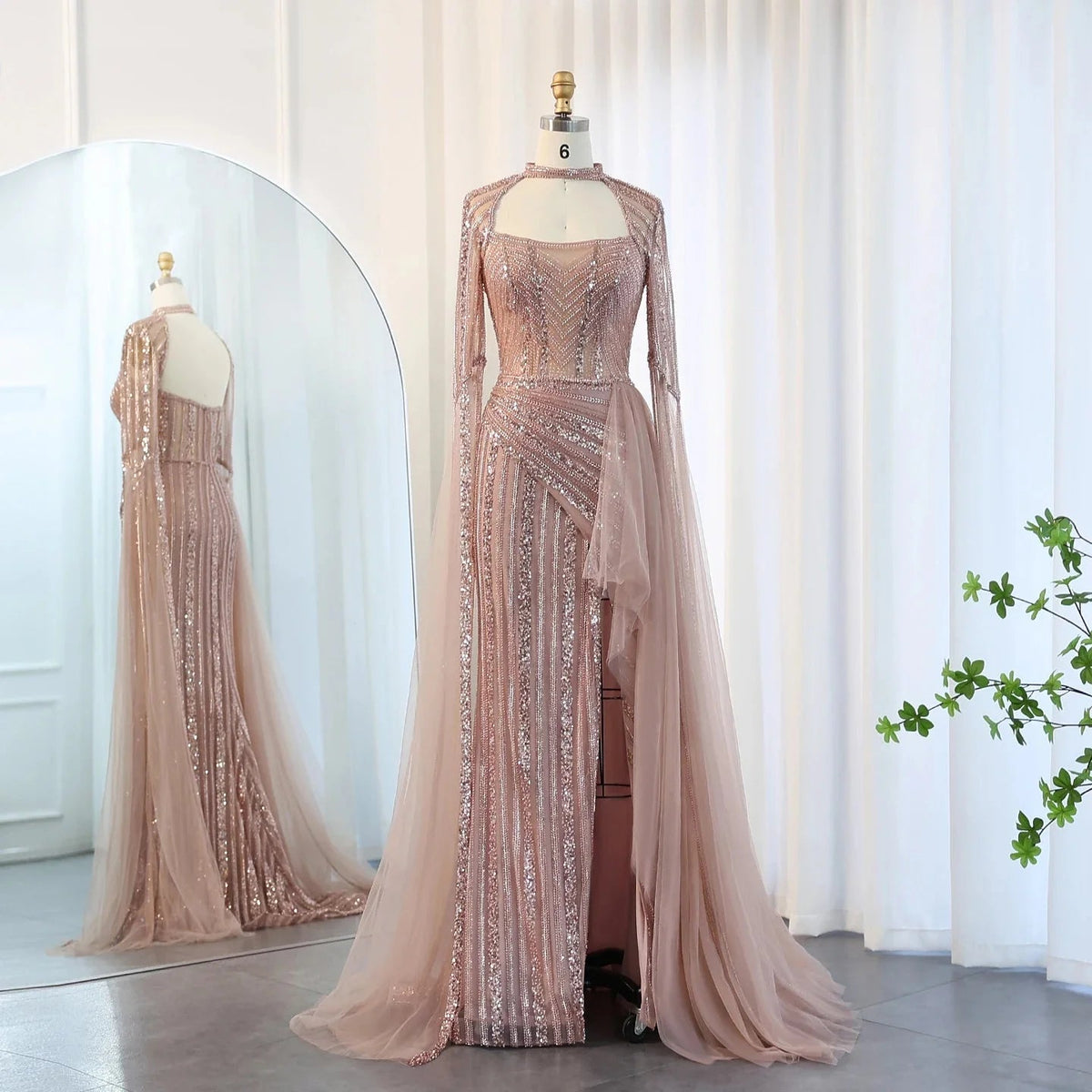 Luxury Mermaid Dusty Pink Evening Dress with Cape Sleeves Slit Elegant Yellow Blue Women Wedding Party Gowns SS003