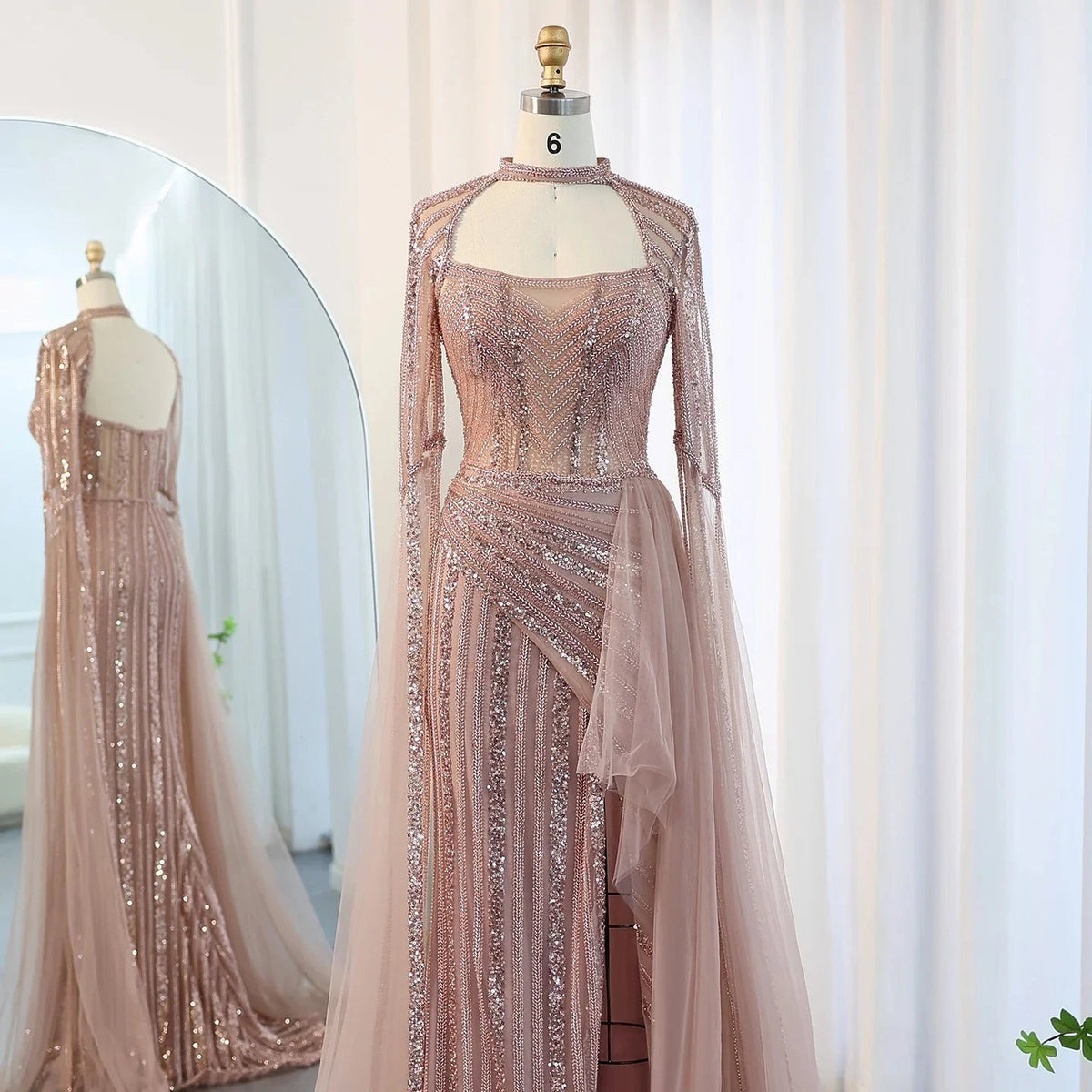 Luxury Mermaid Dusty Pink Evening Dress with Cape Sleeves Slit Elegant Yellow Blue Women Wedding Party Gowns SS003