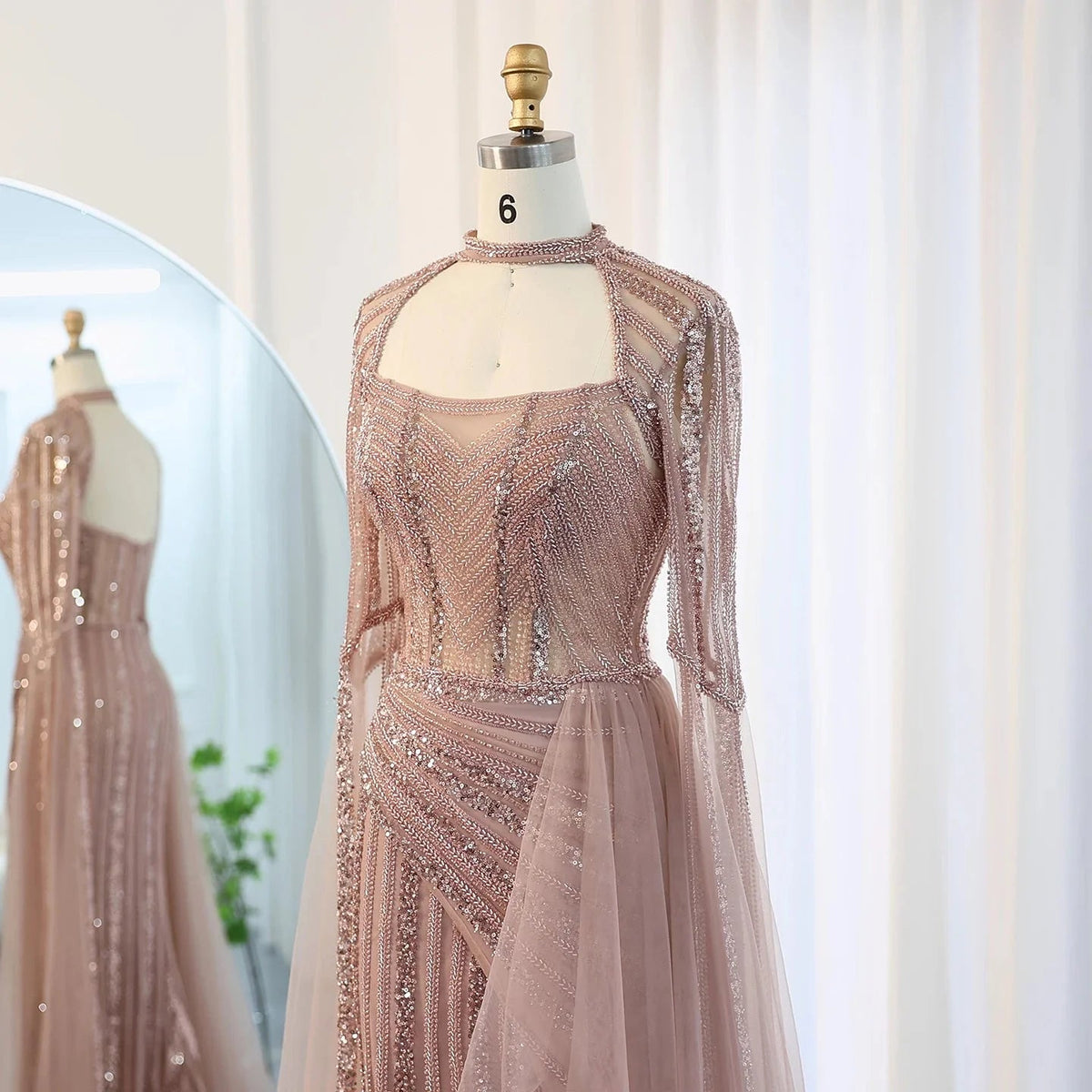 Luxury Mermaid Dusty Pink Evening Dress with Cape Sleeves Slit Elegant Yellow Blue Women Wedding Party Gowns SS003