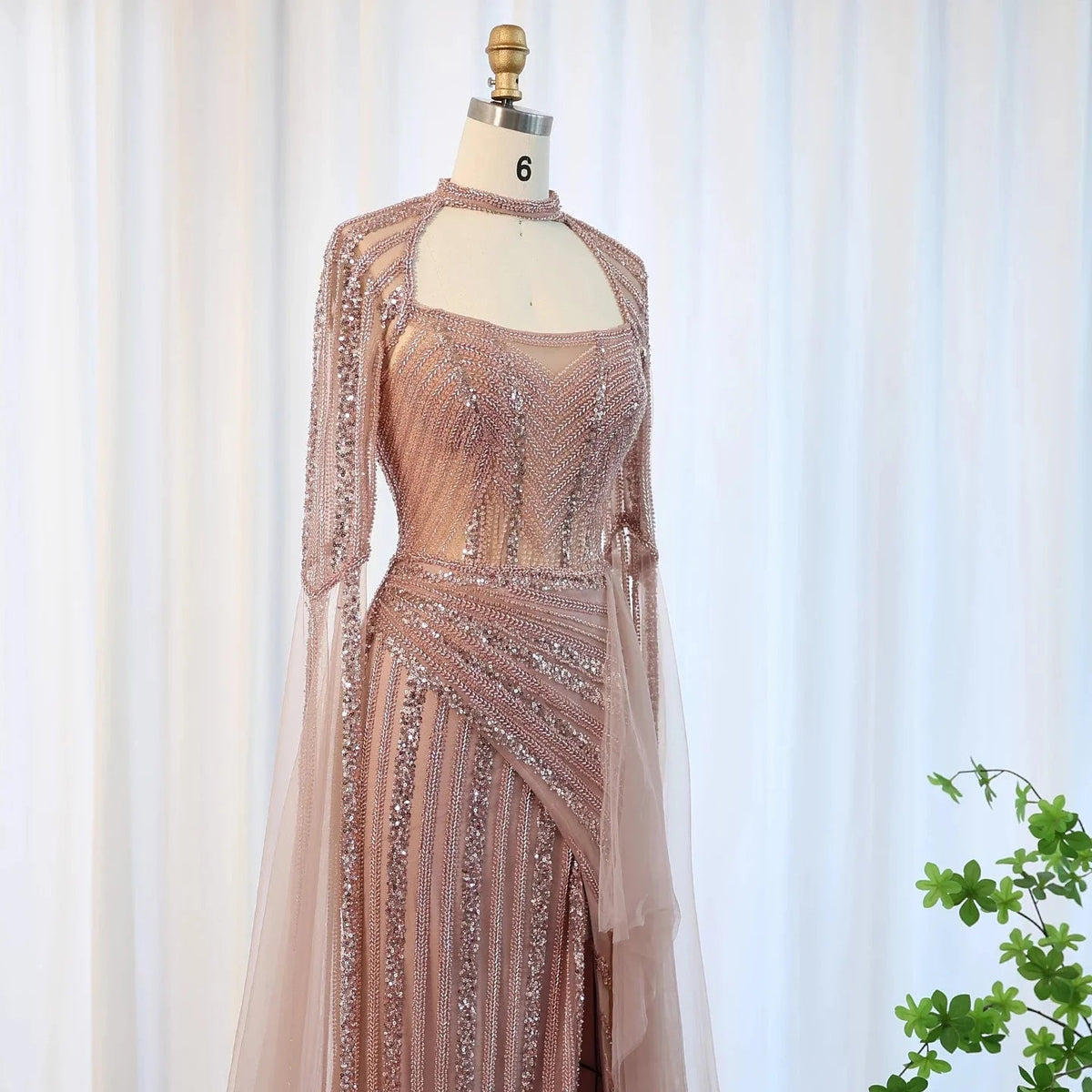 Luxury Mermaid Dusty Pink Evening Dress with Cape Sleeves Slit Elegant Yellow Blue Women Wedding Party Gowns SS003