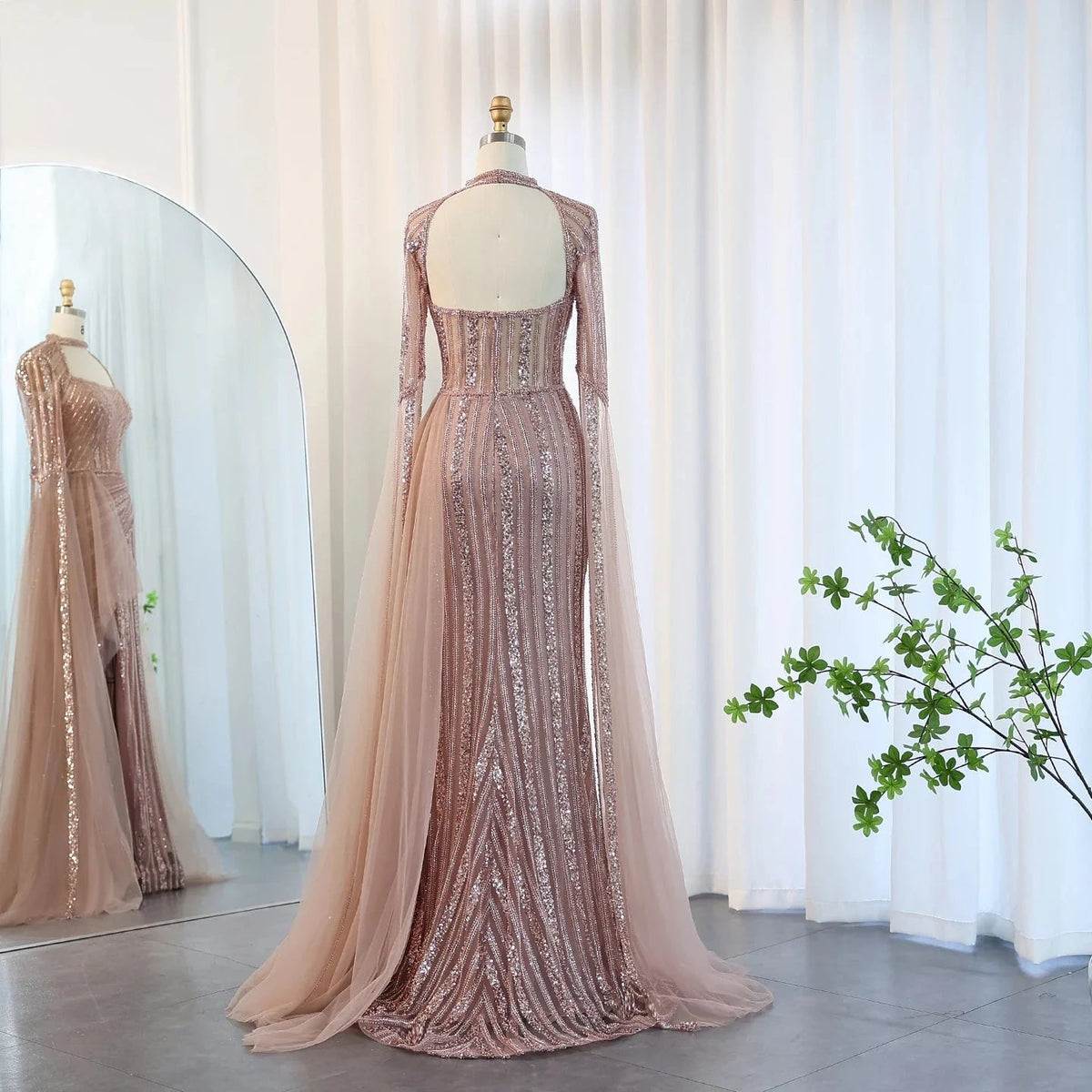 Luxury Mermaid Dusty Pink Evening Dress with Cape Sleeves Slit Elegant Yellow Blue Women Wedding Party Gowns SS003
