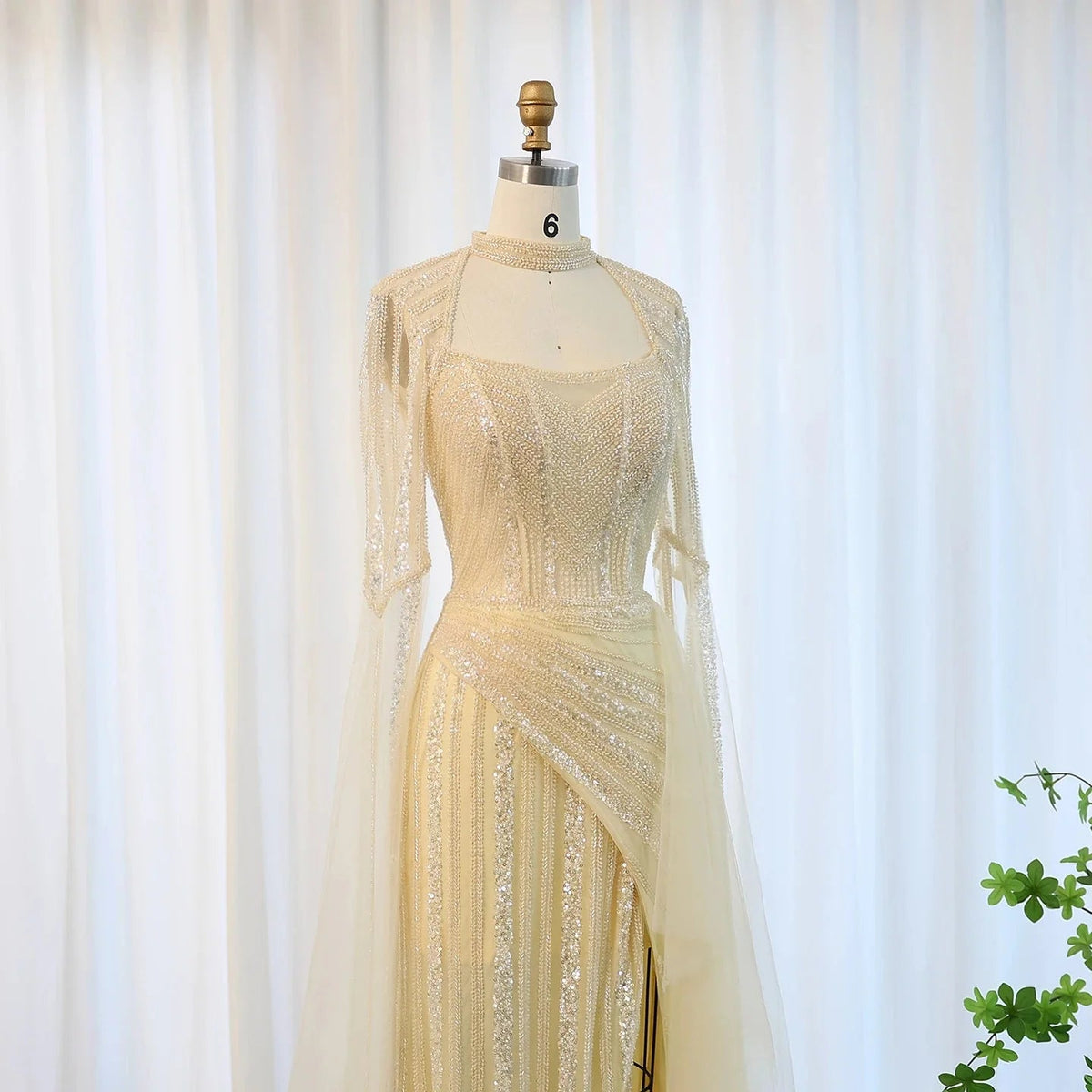 Luxury Mermaid Dusty Pink Evening Dress with Cape Sleeves Slit Elegant Yellow Blue Women Wedding Party Gowns SS003