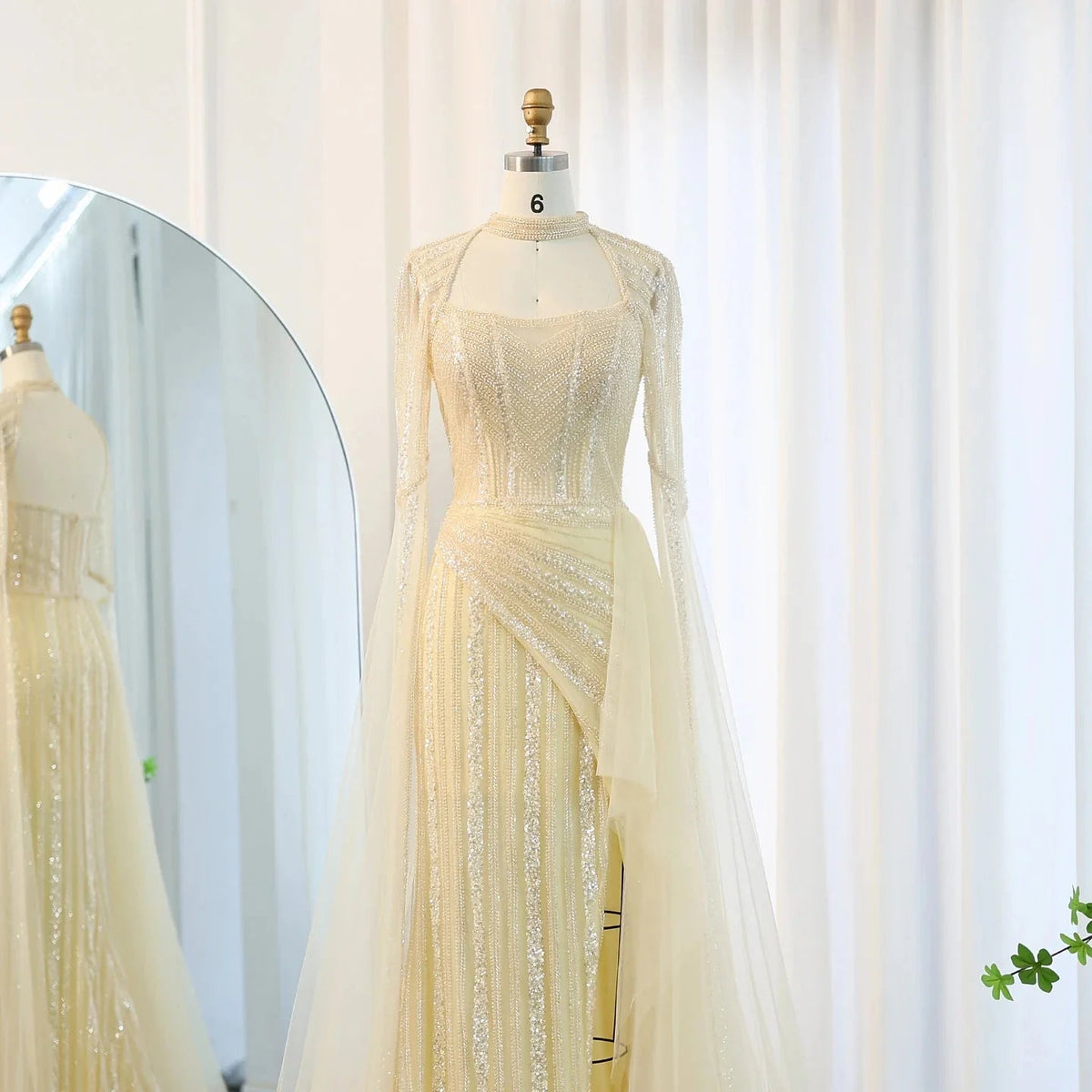 Luxury Mermaid Dusty Pink Evening Dress with Cape Sleeves Slit Elegant Yellow Blue Women Wedding Party Gowns SS003