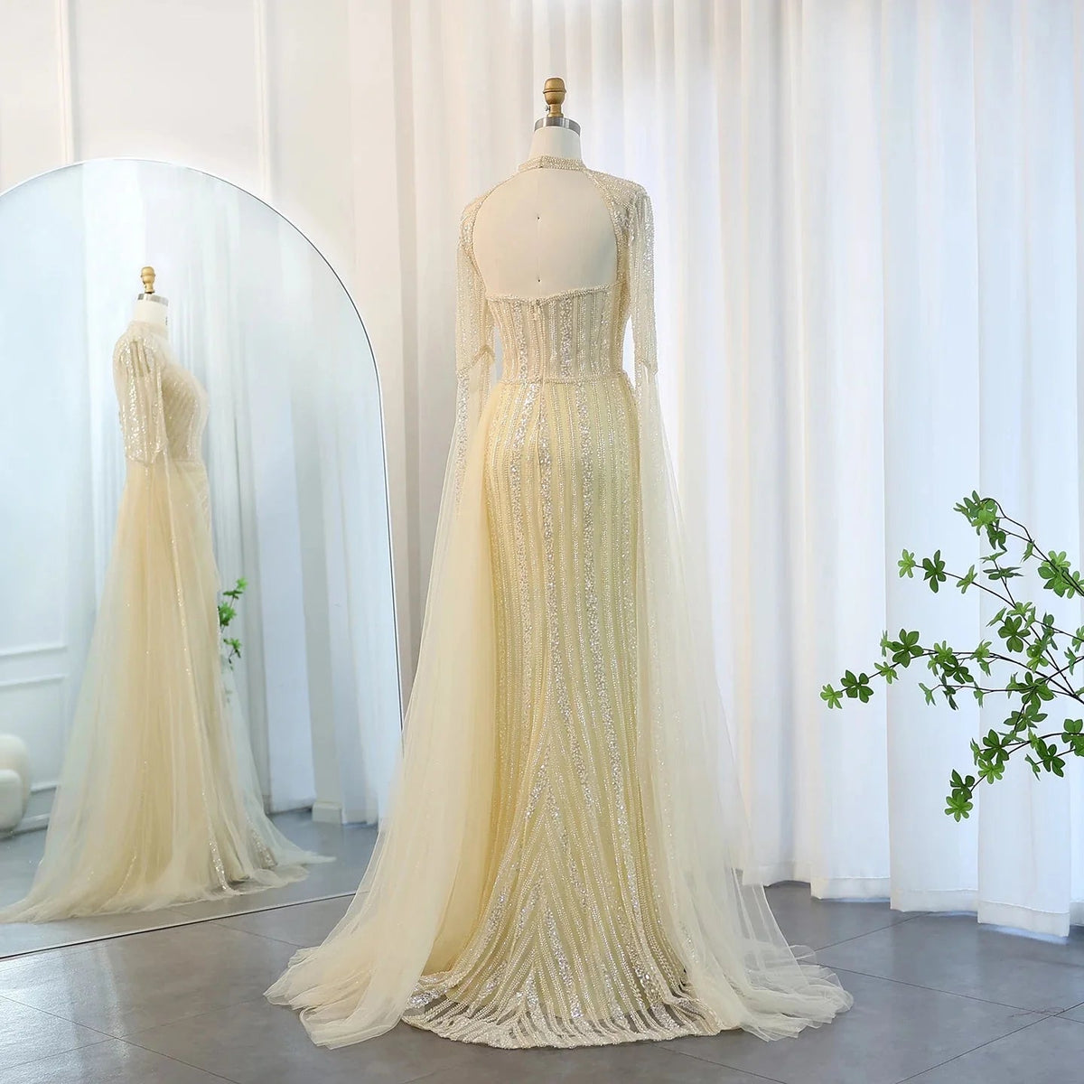 Luxury Mermaid Dusty Pink Evening Dress with Cape Sleeves Slit Elegant Yellow Blue Women Wedding Party Gowns SS003