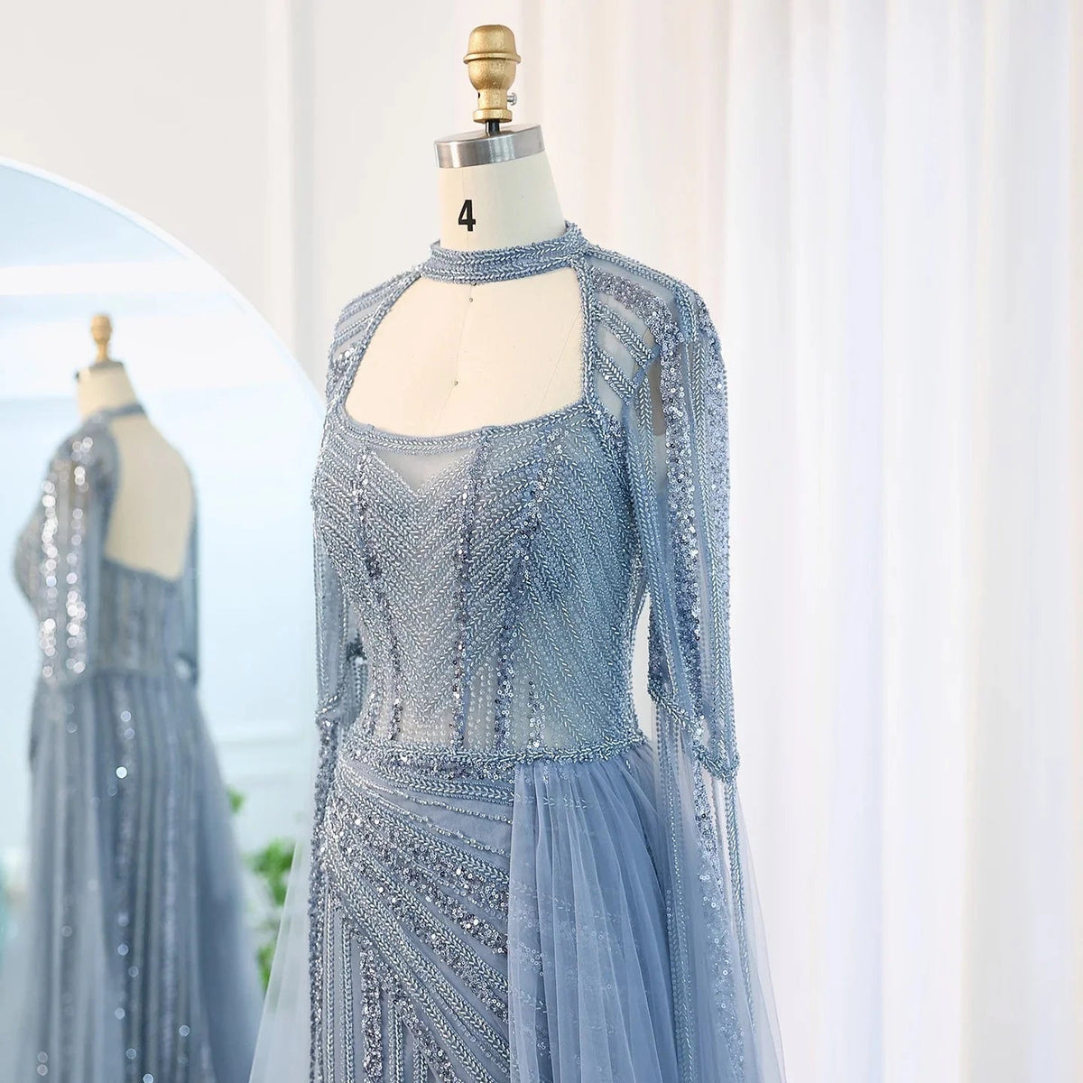Luxury Mermaid Dusty Pink Evening Dress with Cape Sleeves Slit Elegant Yellow Blue Women Wedding Party Gowns SS003