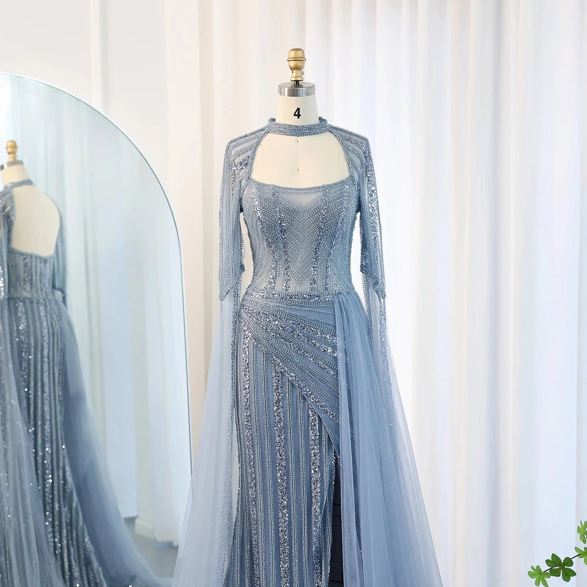 Luxury Mermaid Dusty Pink Evening Dress with Cape Sleeves Slit Elegant Yellow Blue Women Wedding Party Gowns SS003