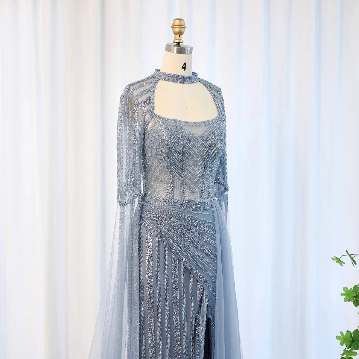Luxury Mermaid Dusty Pink Evening Dress with Cape Sleeves Slit Elegant Yellow Blue Women Wedding Party Gowns SS003