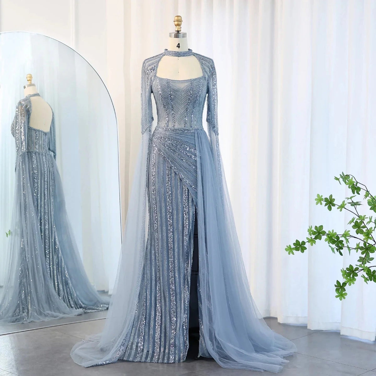 Luxury Mermaid Dusty Pink Evening Dress with Cape Sleeves Slit Elegant Yellow Blue Women Wedding Party Gowns SS003