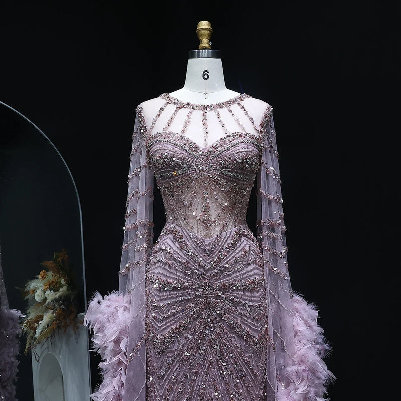 Luxury Mermaid Evening Dress with Feather Cape Sleeves SS082