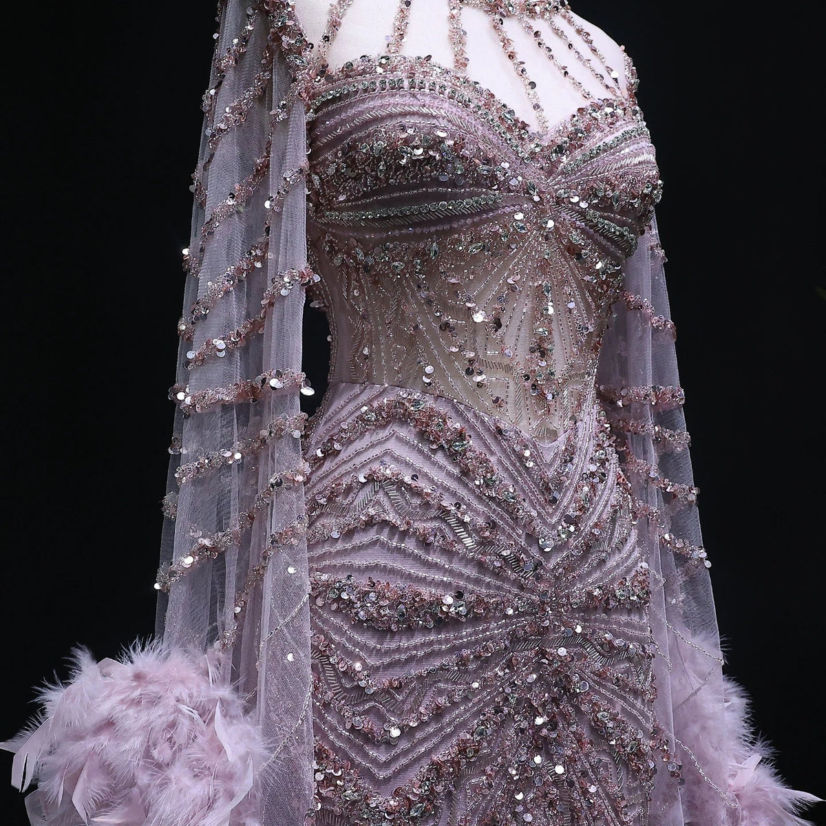 Luxury Mermaid Evening Dress with Feather Cape Sleeves SS082