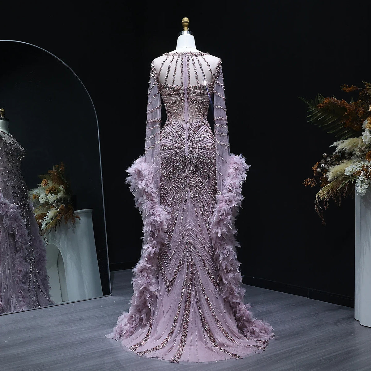 Luxury Mermaid Evening Dress with Feather Cape Sleeves SS082
