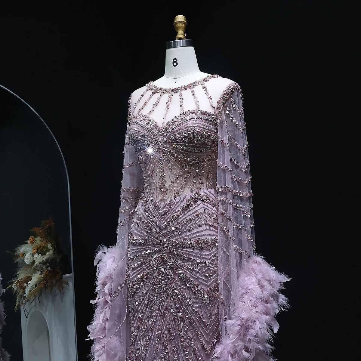 Luxury Mermaid Evening Dress with Feather Cape Sleeves SS082