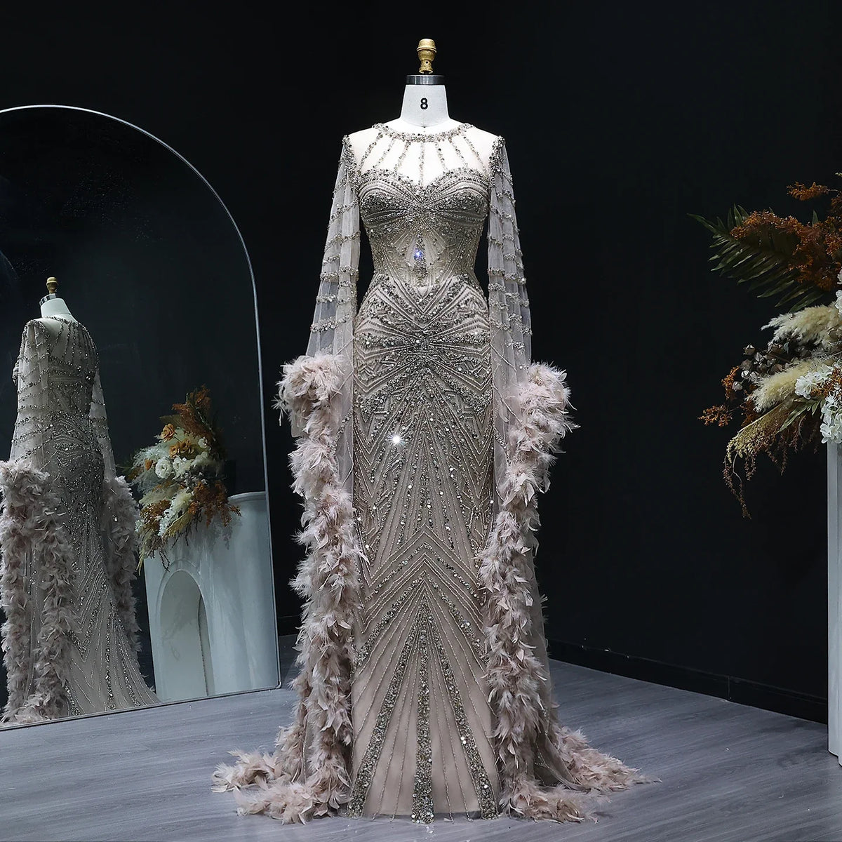 Luxury Mermaid Evening Dress with Feather Cape Sleeves SS082