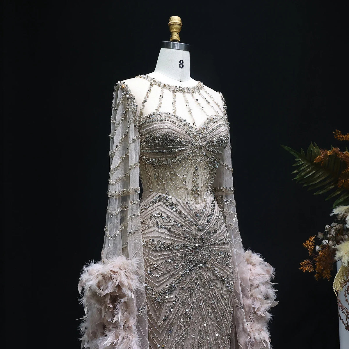 Luxury Mermaid Evening Dress with Feather Cape Sleeves SS082
