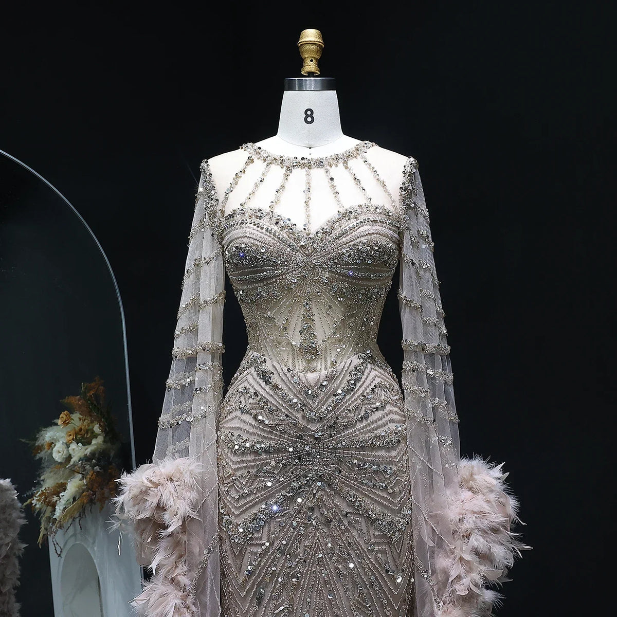 Luxury Mermaid Evening Dress with Feather Cape Sleeves SS082