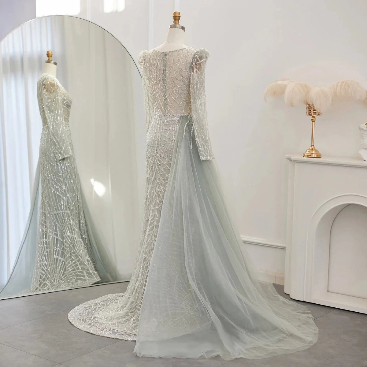 Luxury Muslim Gold Mermaid Beaded Dubai Evening Dresses with Overskirt 2024 Plus Size Women Wedding Party Gown SS048