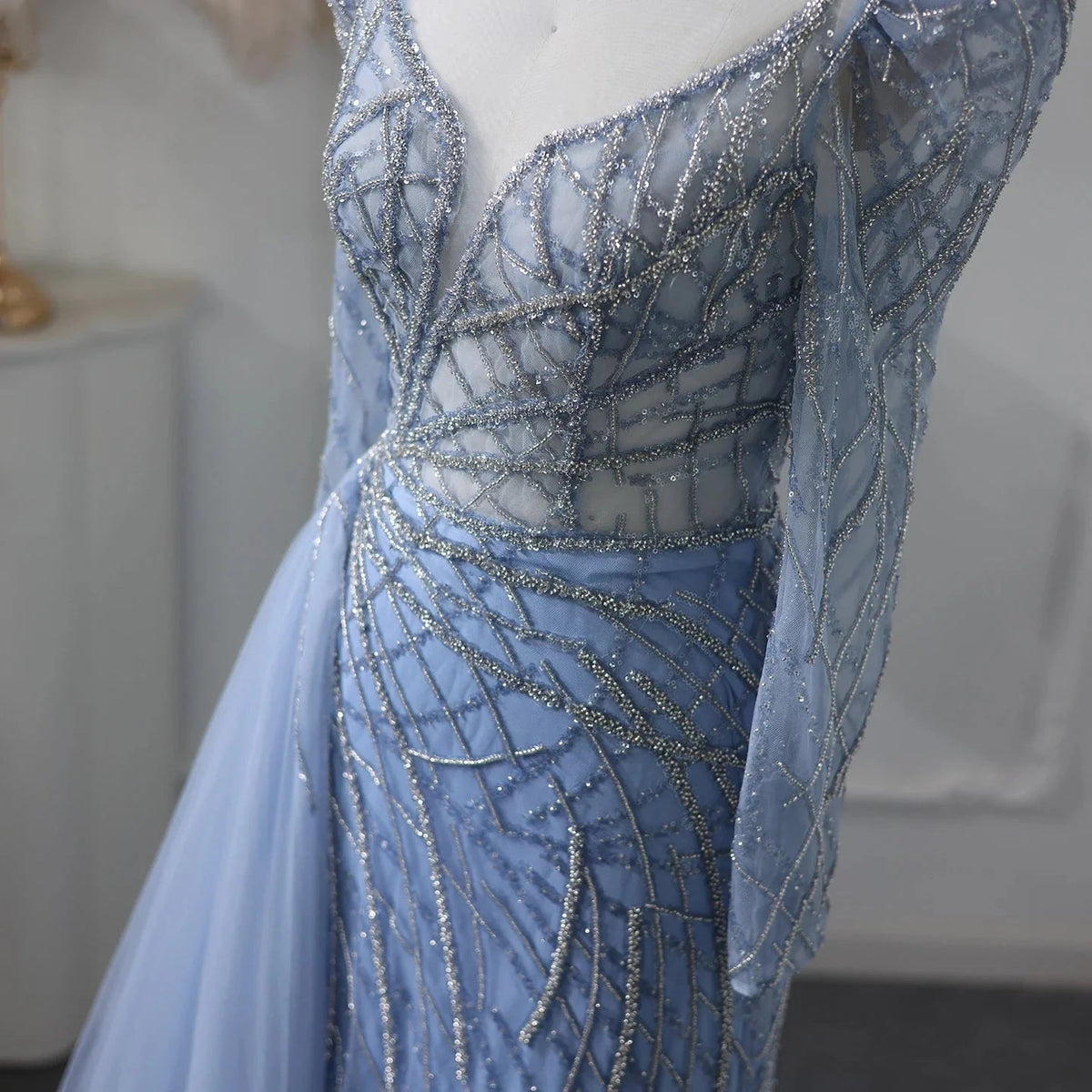 Luxury Muslim Gold Mermaid Beaded Dubai Evening Dresses with Overskirt 2024 Plus Size Women Wedding Party Gown SS048