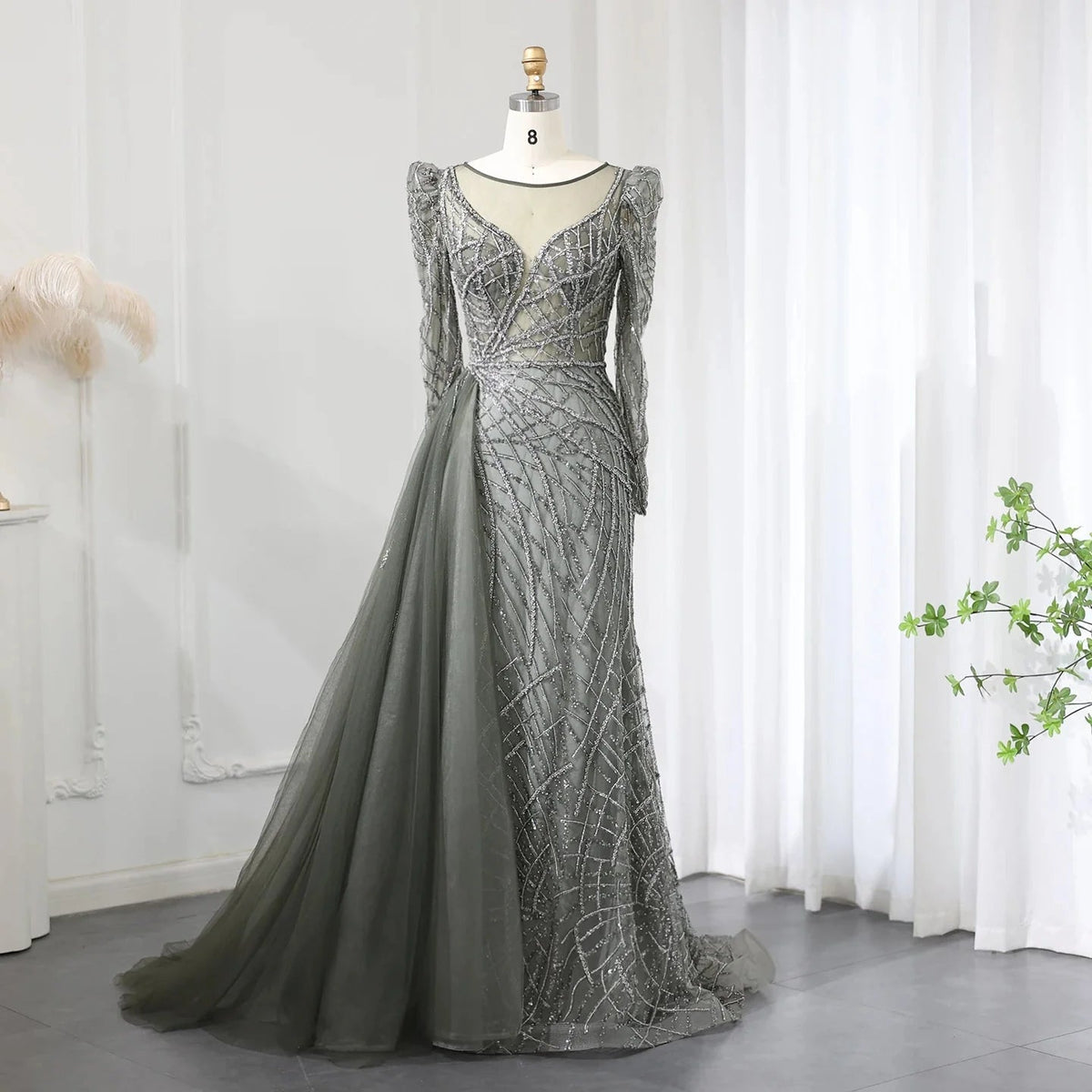 Luxury Muslim Gold Mermaid Beaded Dubai Evening Dresses with Overskirt 2024 Plus Size Women Wedding Party Gown SS048