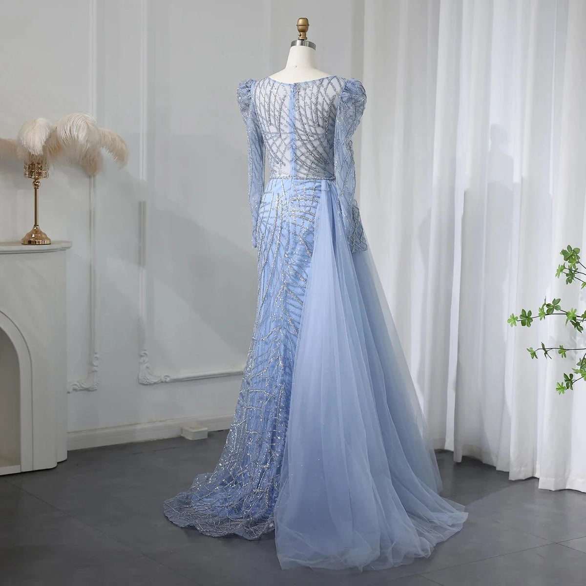 Luxury Muslim Gold Mermaid Beaded Dubai Evening Dresses with Overskirt 2024 Plus Size Women Wedding Party Gown SS048