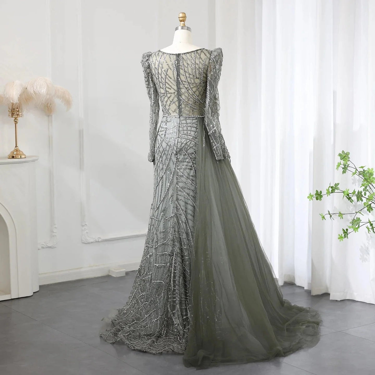 Luxury Muslim Gold Mermaid Beaded Dubai Evening Dresses with Overskirt 2024 Plus Size Women Wedding Party Gown SS048