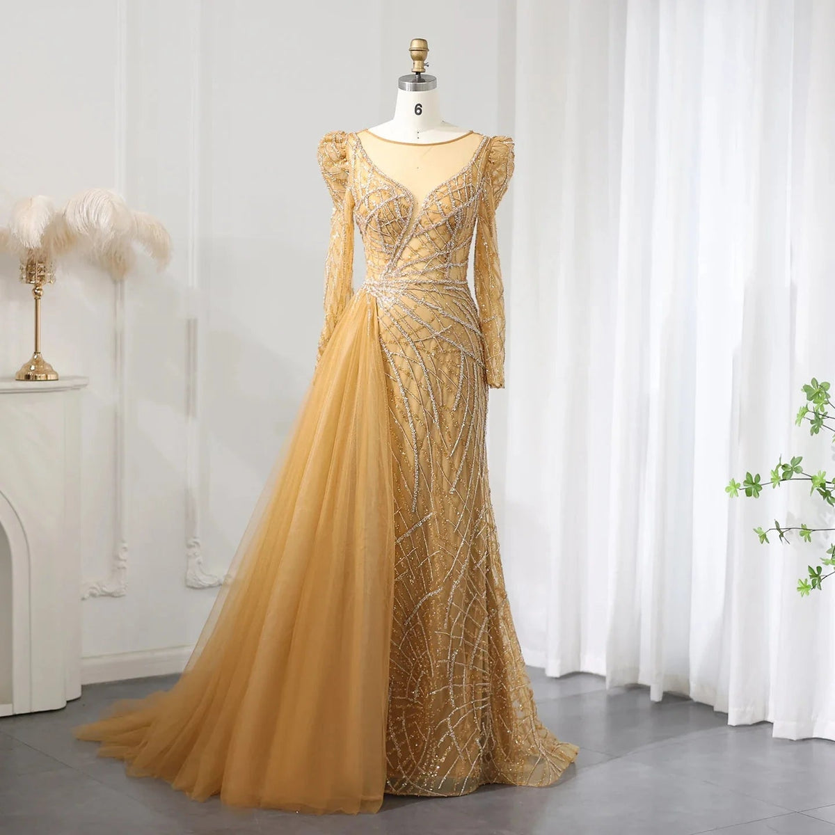 Luxury Muslim Gold Mermaid Beaded Dubai Evening Dresses with Overskirt 2024 Plus Size Women Wedding Party Gown SS048