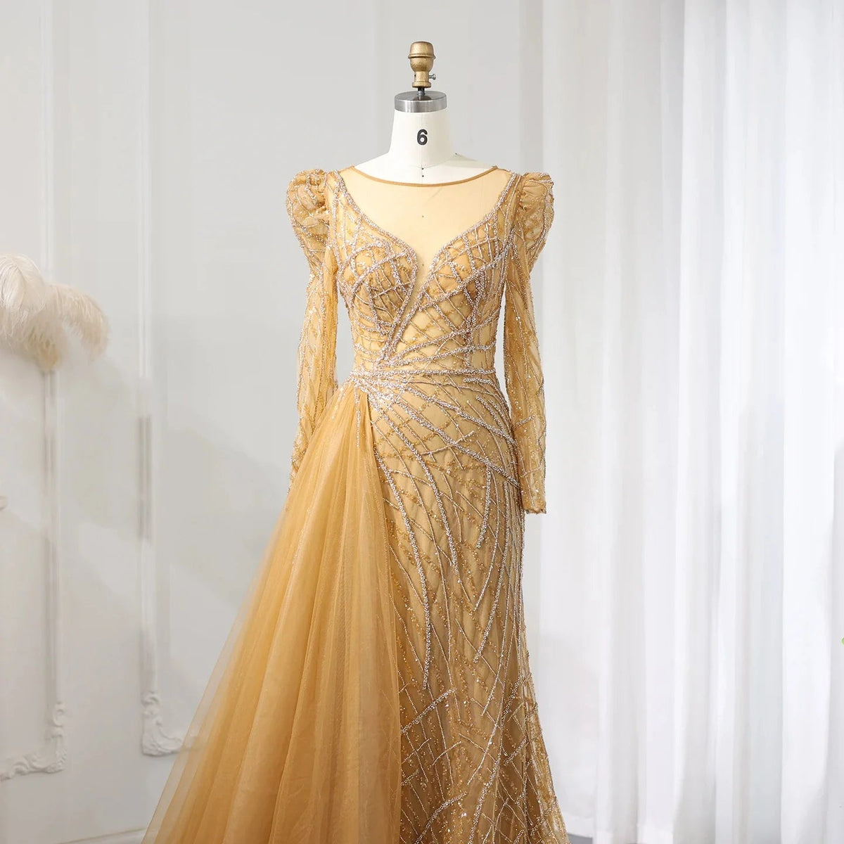 Luxury Muslim Gold Mermaid Beaded Dubai Evening Dresses with Overskirt 2024 Plus Size Women Wedding Party Gown SS048