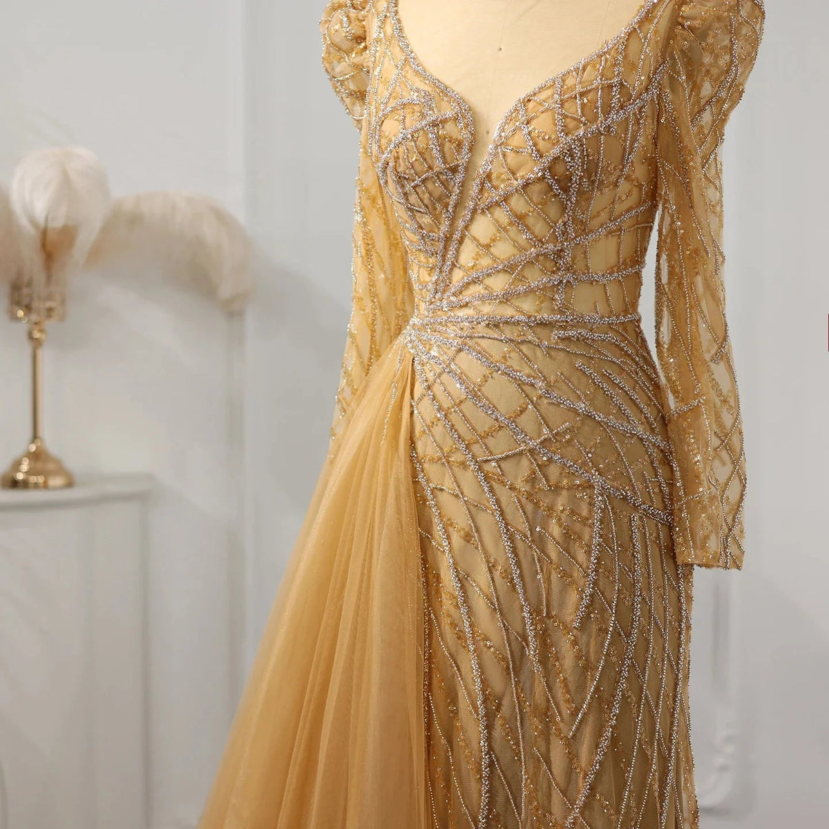 Luxury Muslim Gold Mermaid Beaded Dubai Evening Dresses with Overskirt 2024 Plus Size Women Wedding Party Gown SS048