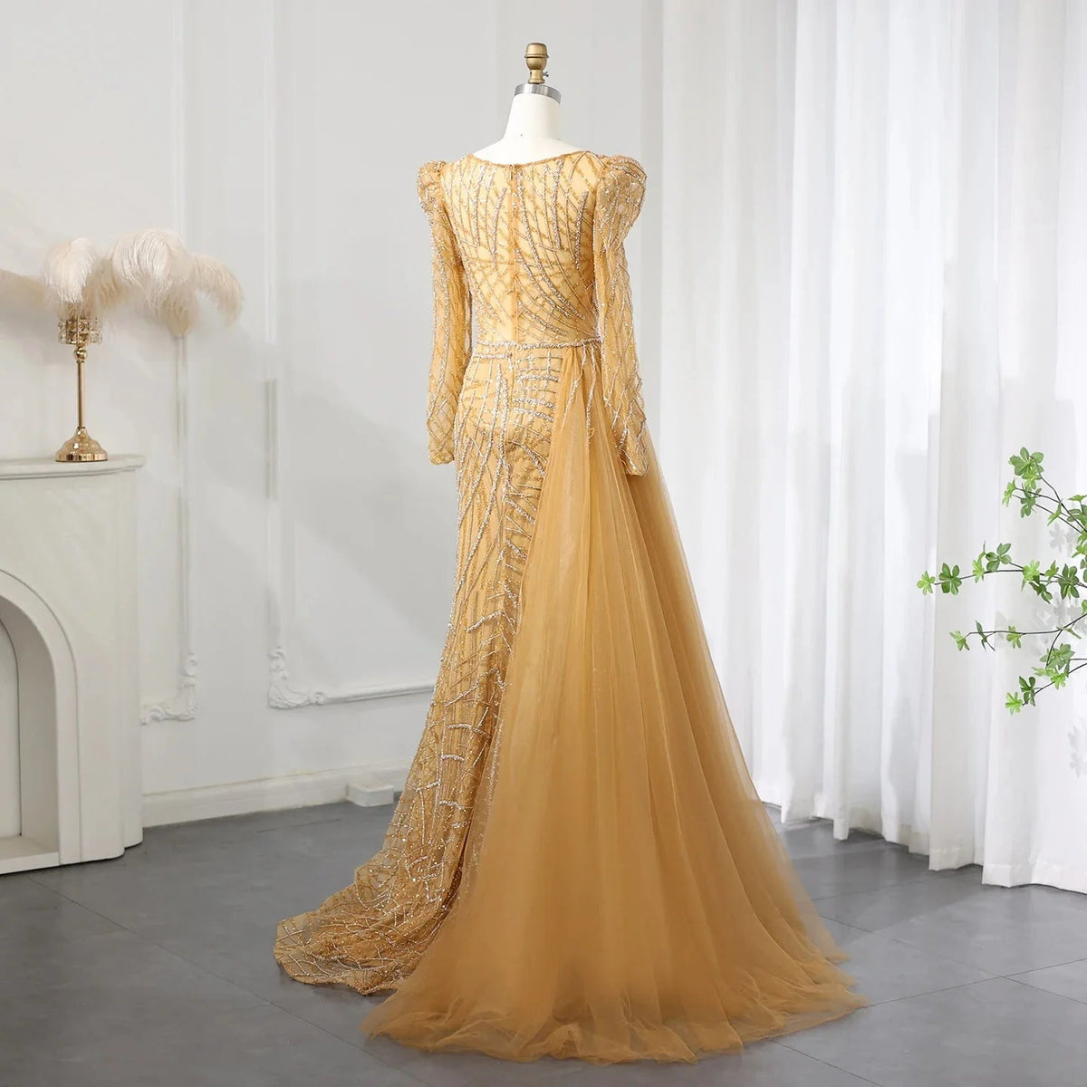 Luxury Muslim Gold Mermaid Beaded Dubai Evening Dresses with Overskirt 2024 Plus Size Women Wedding Party Gown SS048