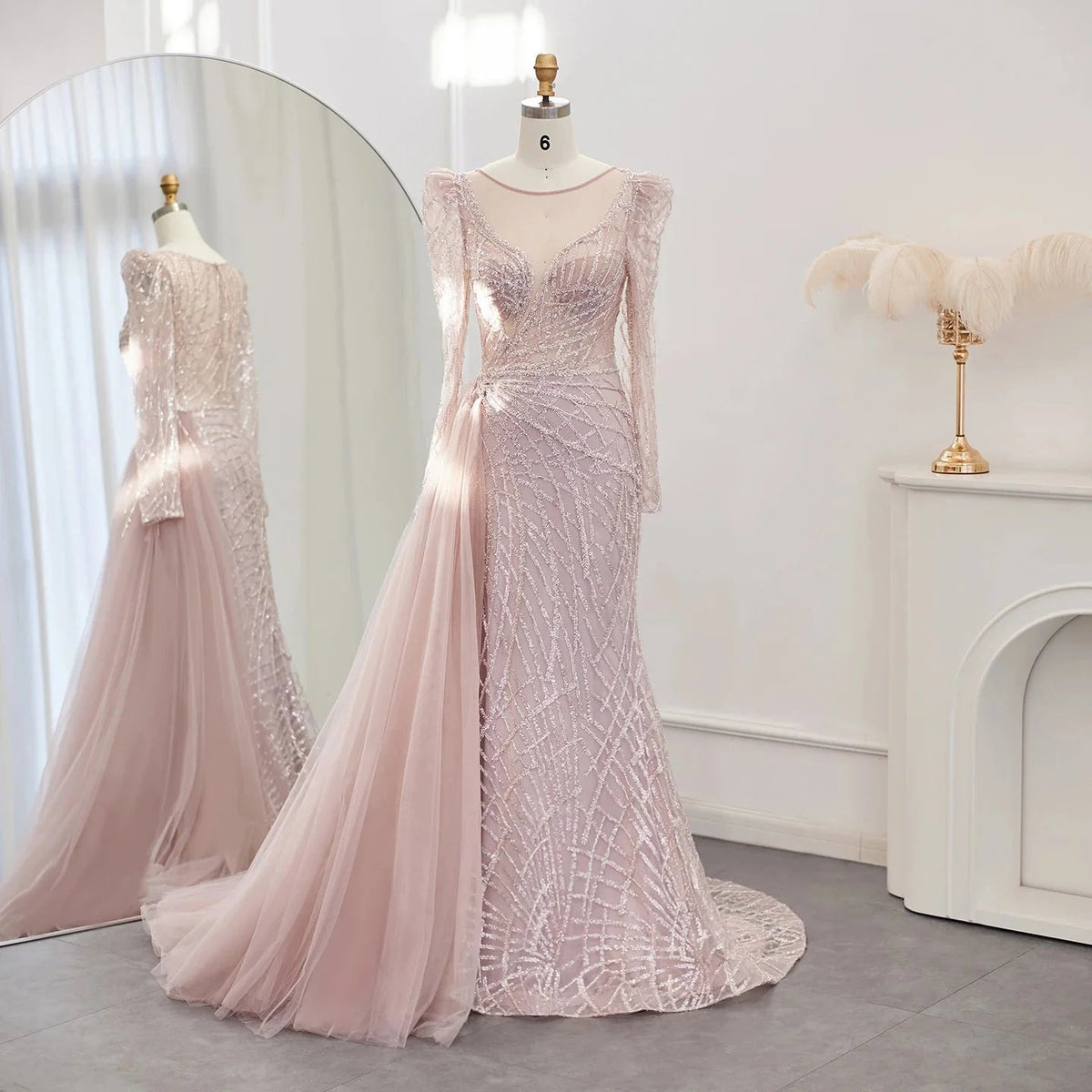 Luxury Muslim Gold Mermaid Beaded Dubai Evening Dresses with Overskirt 2024 Plus Size Women Wedding Party Gown SS048