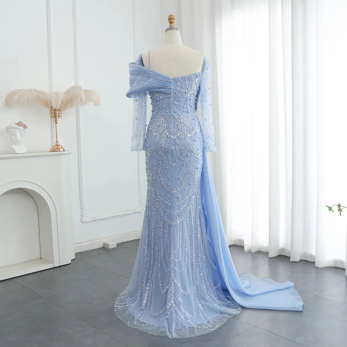 Luxury Nude Crystal Mermaid Evening Dress with Overskirt Long Sleeves Dubai Arabic Wedding Formal Prom Gowns SS256