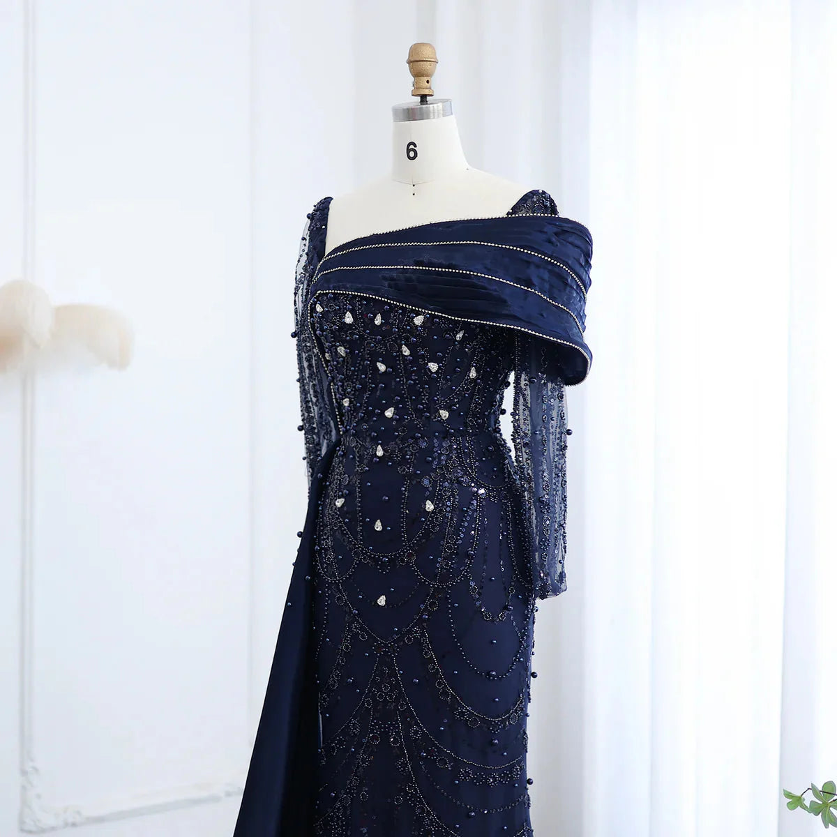 Luxury Nude Crystal Mermaid Evening Dress with Overskirt Long Sleeves Dubai Arabic Wedding Formal Prom Gowns SS256