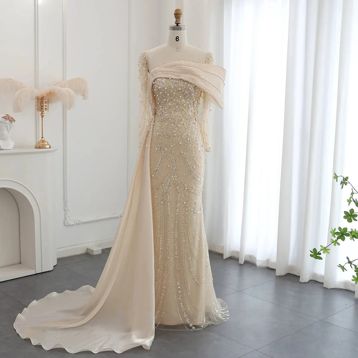 Luxury Nude Crystal Mermaid Evening Dress with Overskirt Long Sleeves Dubai Arabic Wedding Formal Prom Gowns SS256