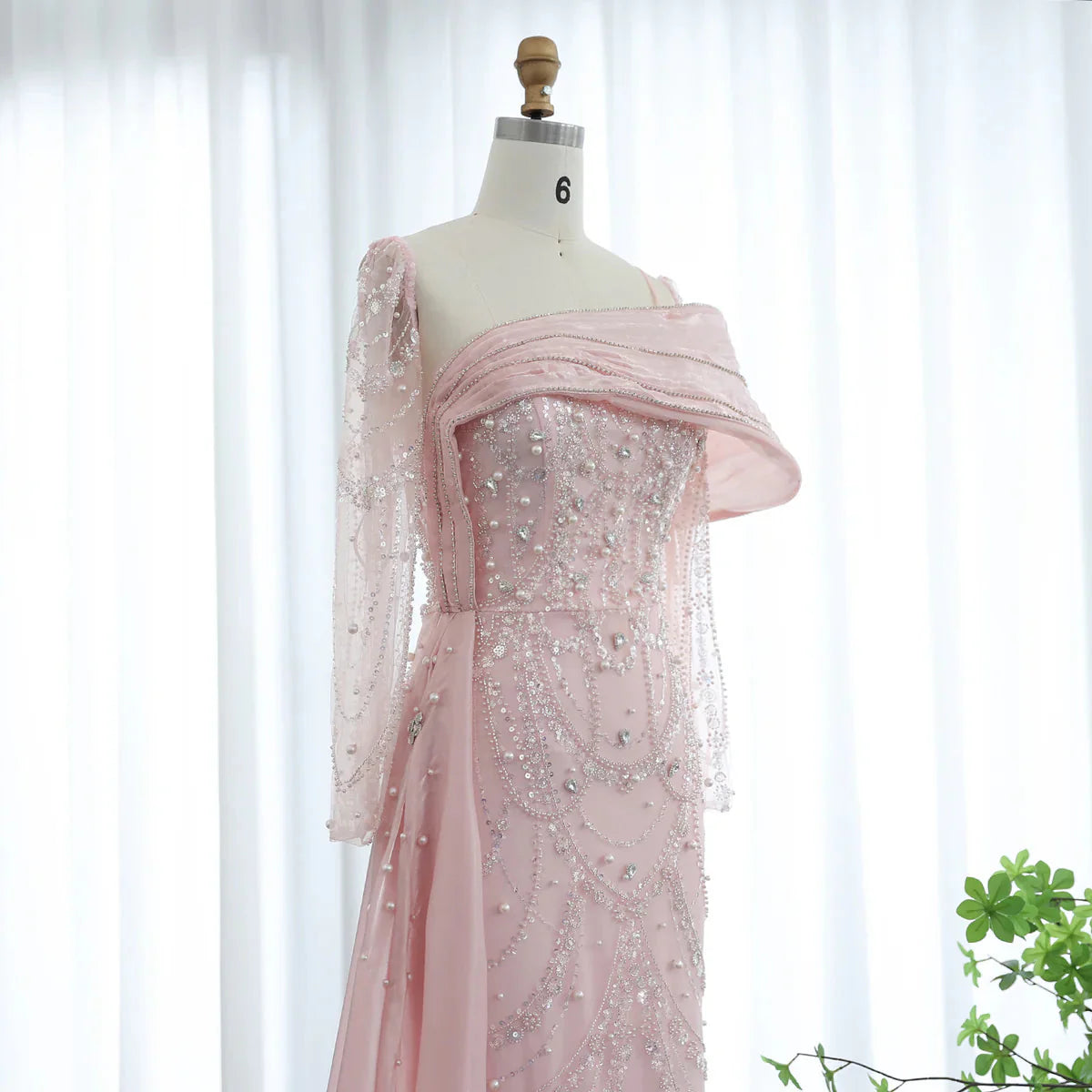 Luxury Nude Crystal Mermaid Evening Dress with Overskirt Long Sleeves Dubai Arabic Wedding Formal Prom Gowns SS256