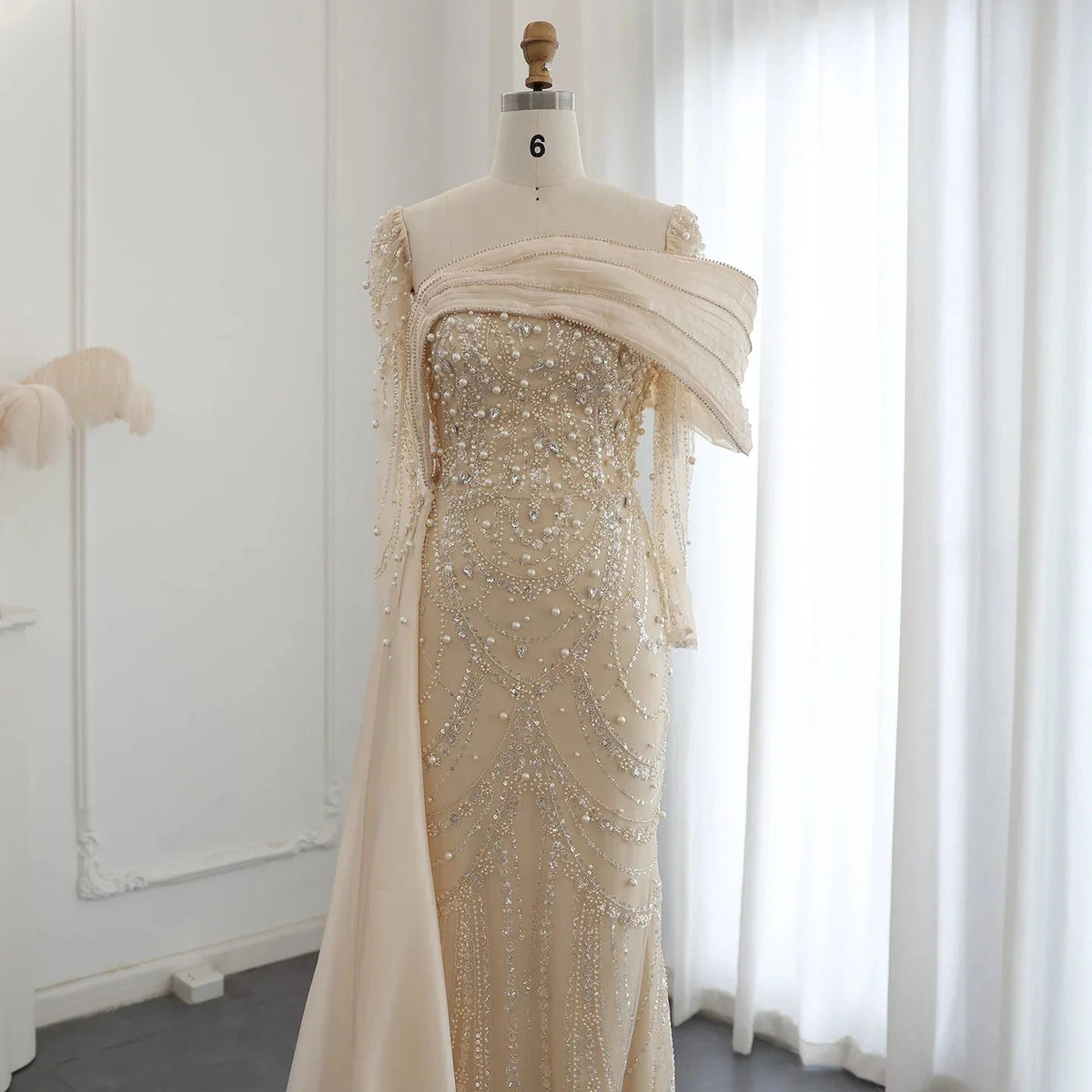 Luxury Nude Crystal Mermaid Evening Dress with Overskirt Long Sleeves Dubai Arabic Wedding Formal Prom Gowns SS256