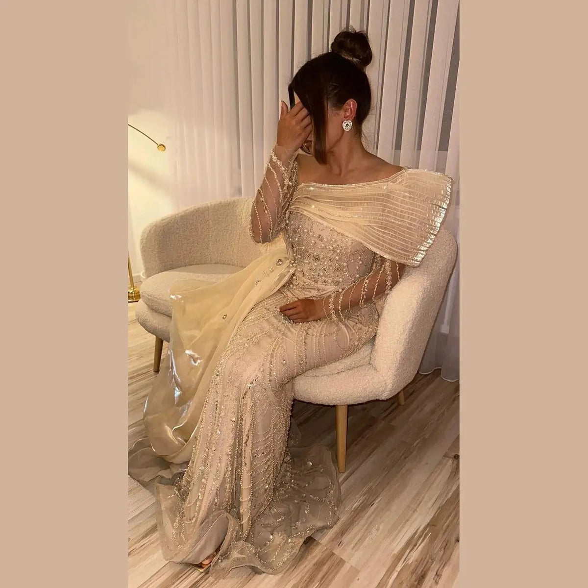 Luxury Nude Crystal Mermaid Evening Dress with Overskirt Long Sleeves Dubai Arabic Wedding Formal Prom Gowns SS256