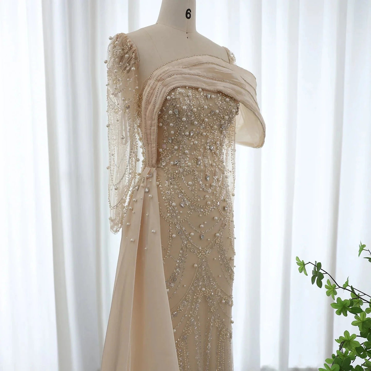 Luxury Nude Crystal Mermaid Evening Dress with Overskirt Long Sleeves Dubai Arabic Wedding Formal Prom Gowns SS256