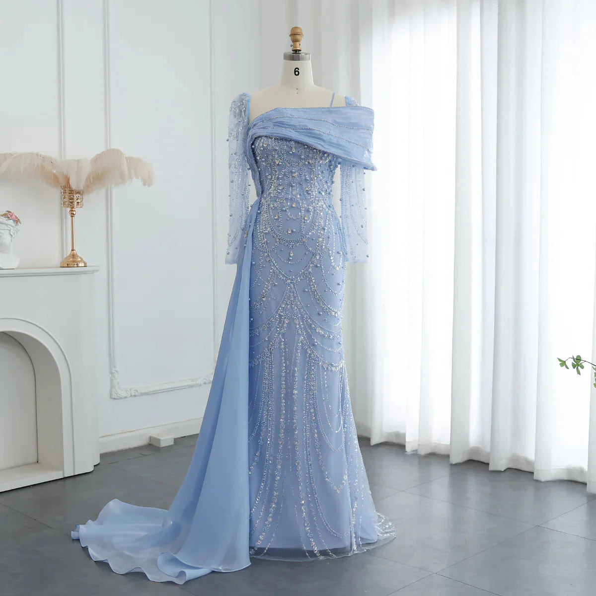 Luxury Nude Crystal Mermaid Evening Dress with Overskirt Long Sleeves Dubai Arabic Wedding Formal Prom Gowns SS256