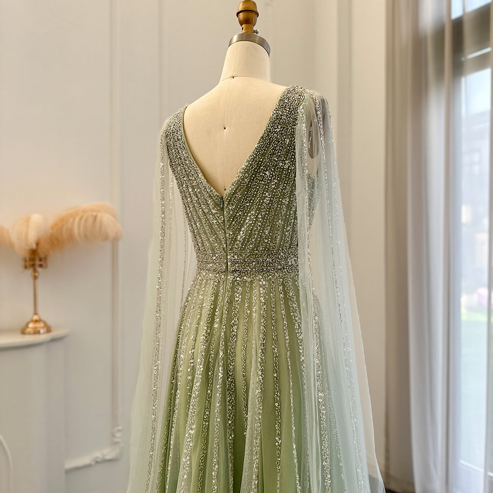 Luxury Nude Dubai Evening Dress with Cape Sleeves Blush Pink Arabic Formal Dresses for Women Wedding Party SS322