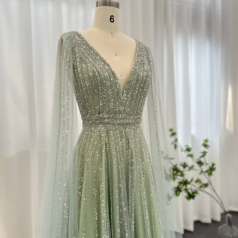 Luxury Nude Dubai Evening Dress with Cape Sleeves Blush Pink Arabic Formal Dresses for Women Wedding Party SS322