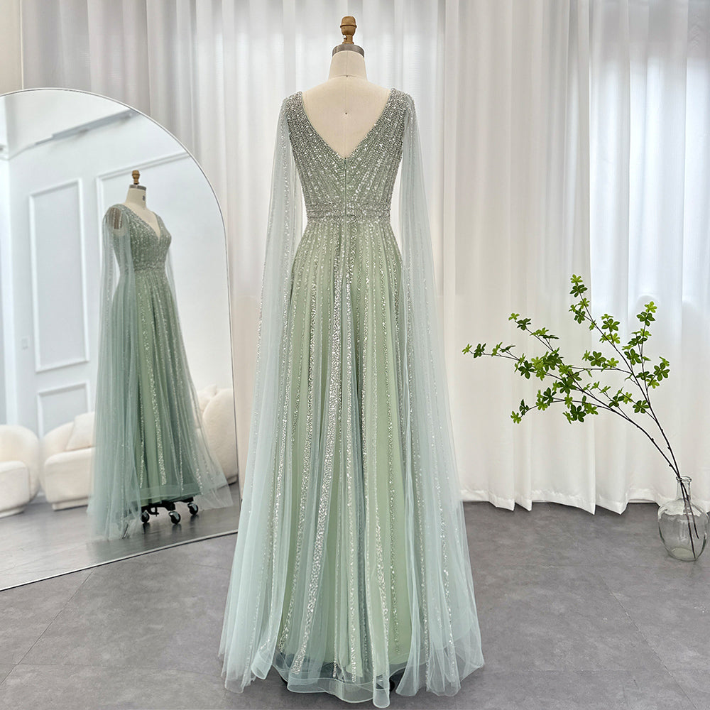 Luxury Nude Dubai Evening Dress with Cape Sleeves Blush Pink Arabic Formal Dresses for Women Wedding Party SS322