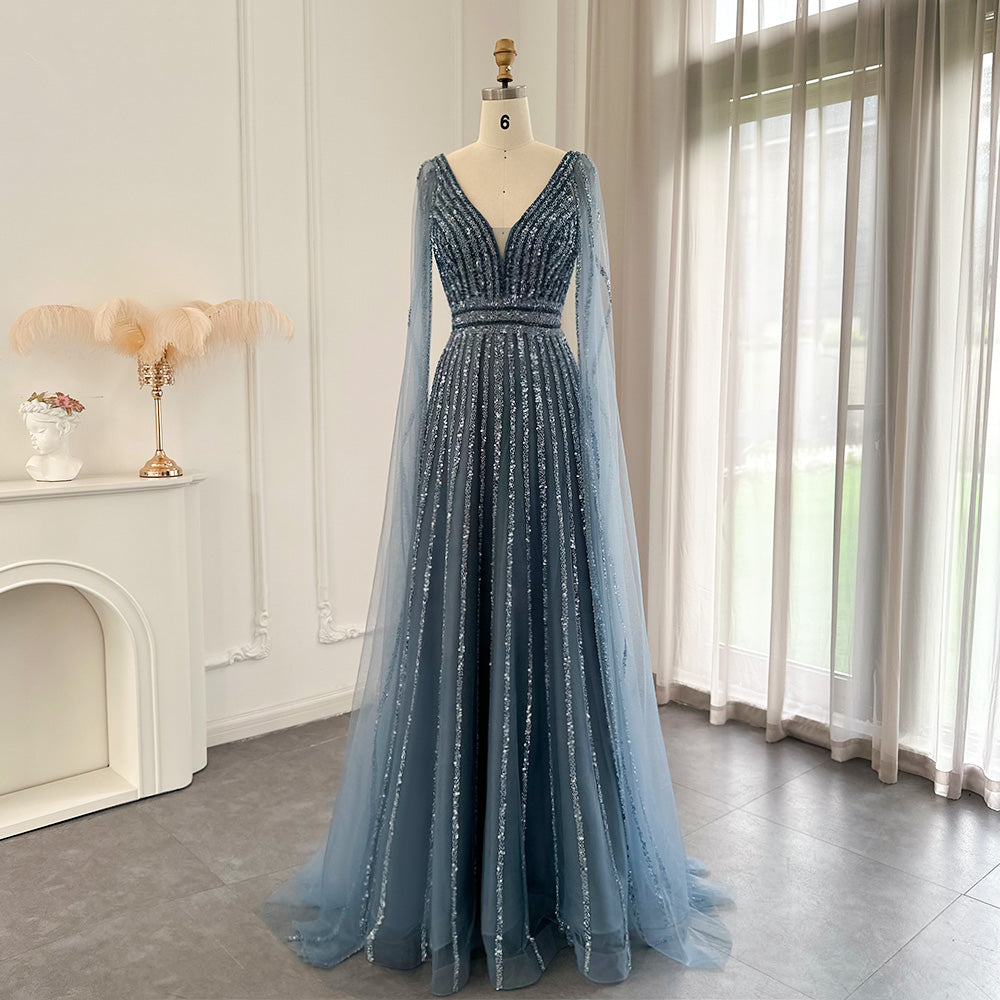 Luxury Nude Dubai Evening Dress with Cape Sleeves Blush Pink Arabic Formal Dresses for Women Wedding Party SS322