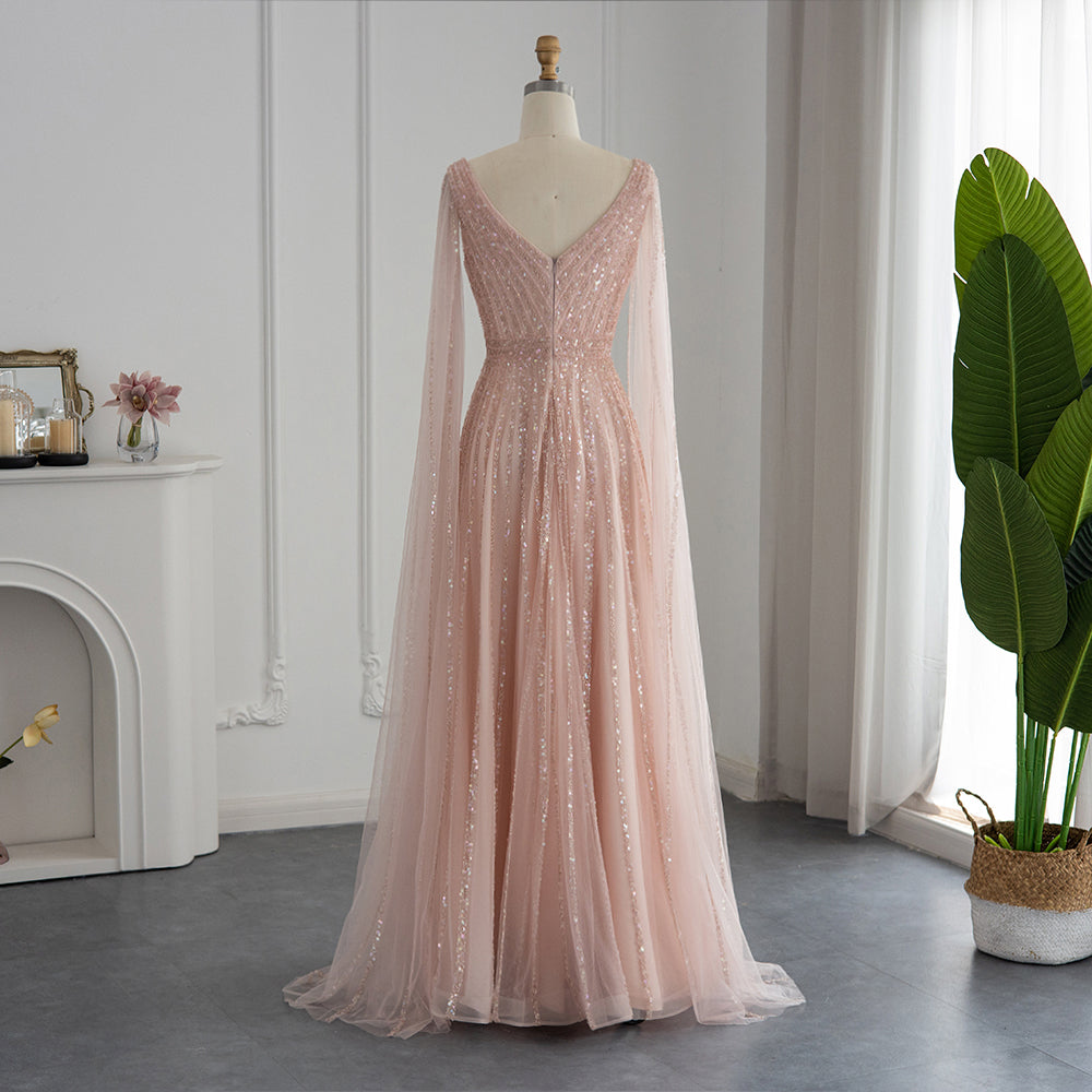 Luxury Nude Dubai Evening Dress with Cape Sleeves Blush Pink Arabic Formal Dresses for Women Wedding Party SS322