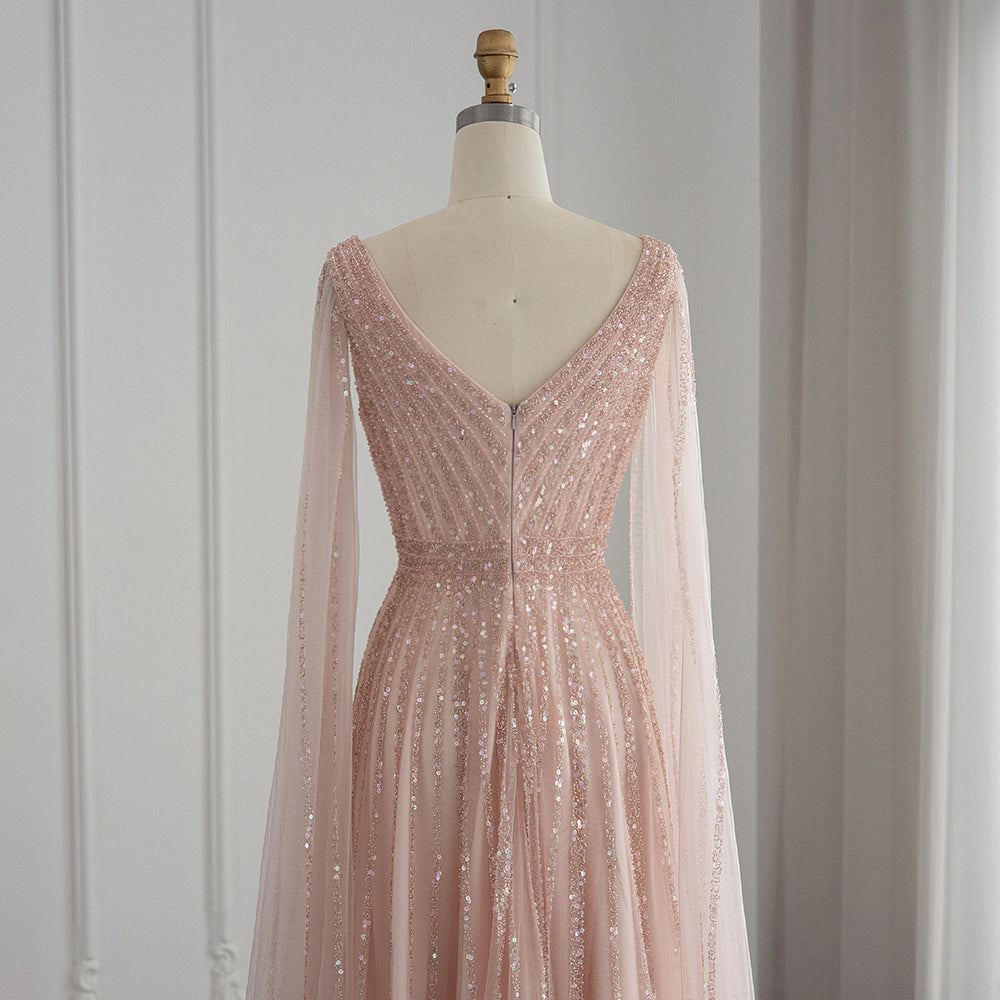 Luxury Nude Dubai Evening Dress with Cape Sleeves Blush Pink Arabic Formal Dresses for Women Wedding Party SS322