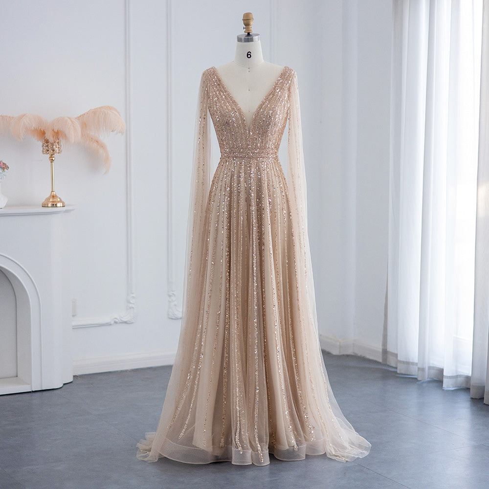 Luxury Nude Dubai Evening Dress with Cape Sleeves Blush Pink Arabic Formal Dresses for Women Wedding Party SS322
