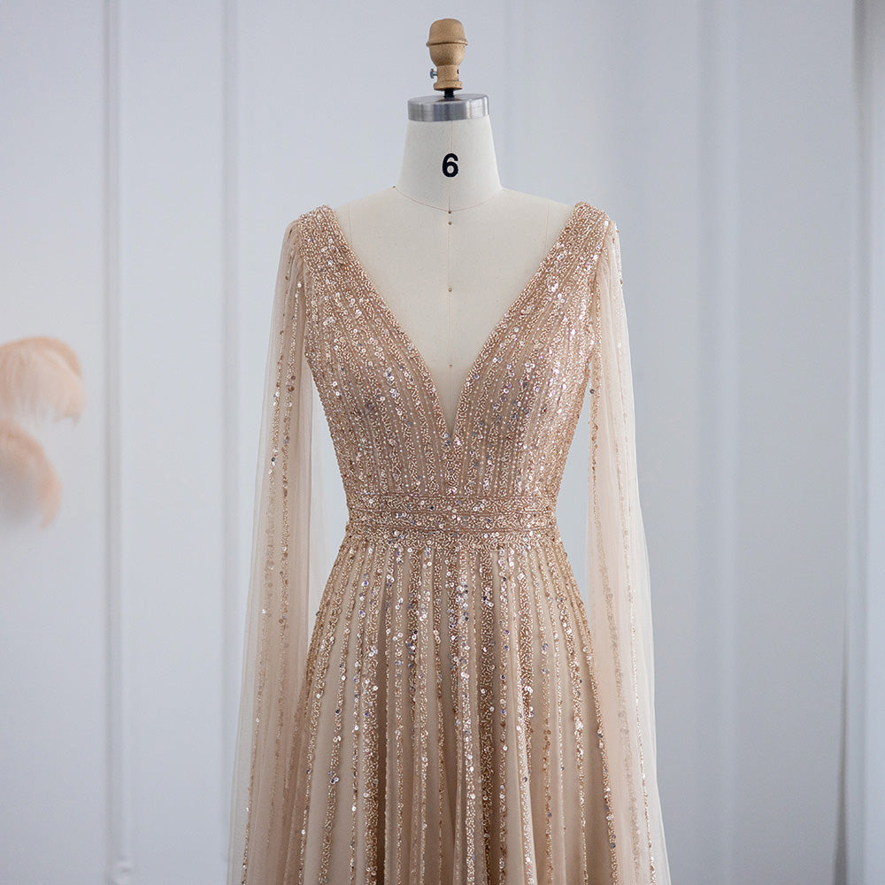 Luxury Nude Dubai Evening Dress with Cape Sleeves Blush Pink Arabic Formal Dresses for Women Wedding Party SS322