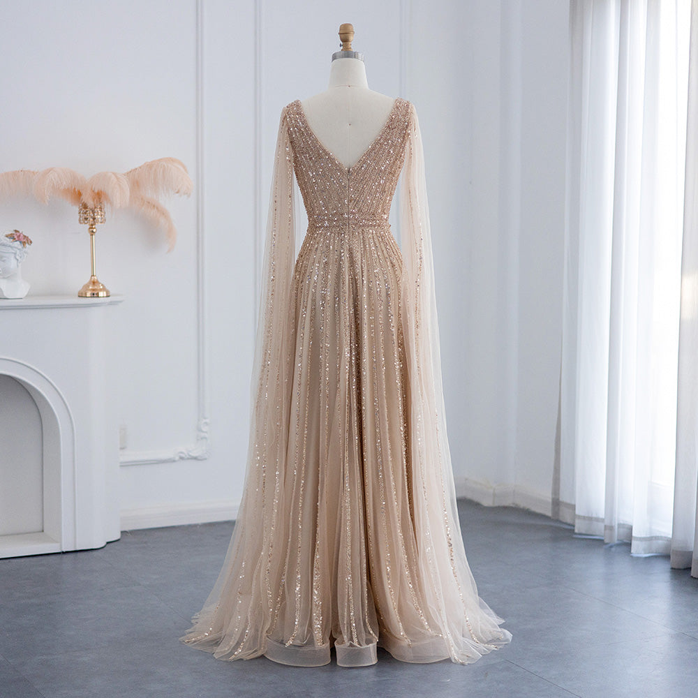 Luxury Nude Dubai Evening Dress with Cape Sleeves Blush Pink Arabic Formal Dresses for Women Wedding Party SS322