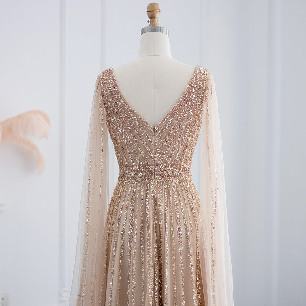 Luxury Nude Dubai Evening Dress with Cape Sleeves Blush Pink Arabic Formal Dresses for Women Wedding Party SS322