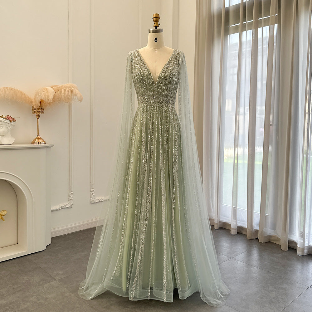 Luxury Nude Dubai Evening Dress with Cape Sleeves Blush Pink Arabic Formal Dresses for Women Wedding Party SS322