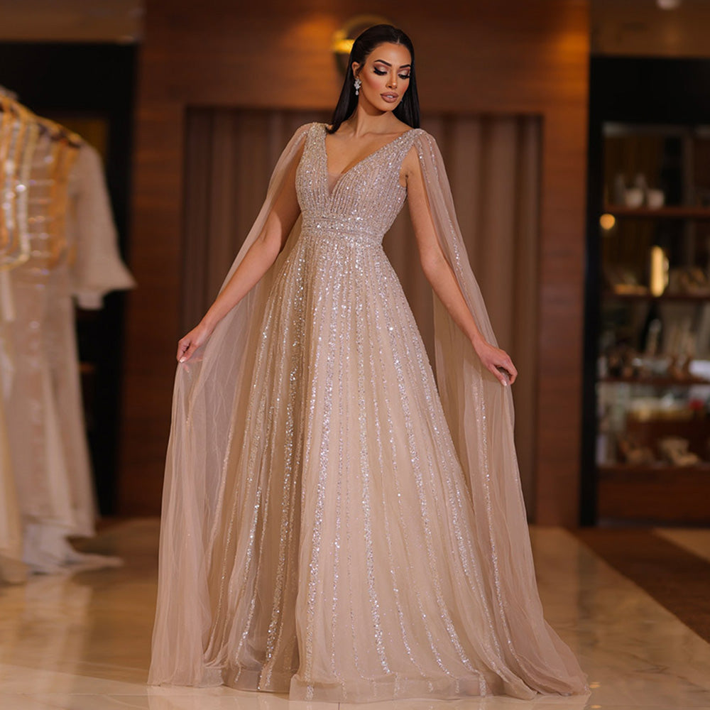 Luxury Nude Dubai Evening Dress with Cape SS322 Jill Wish Luxury Nude Dubai Evening Dress with Cape SS322 Jill Wish