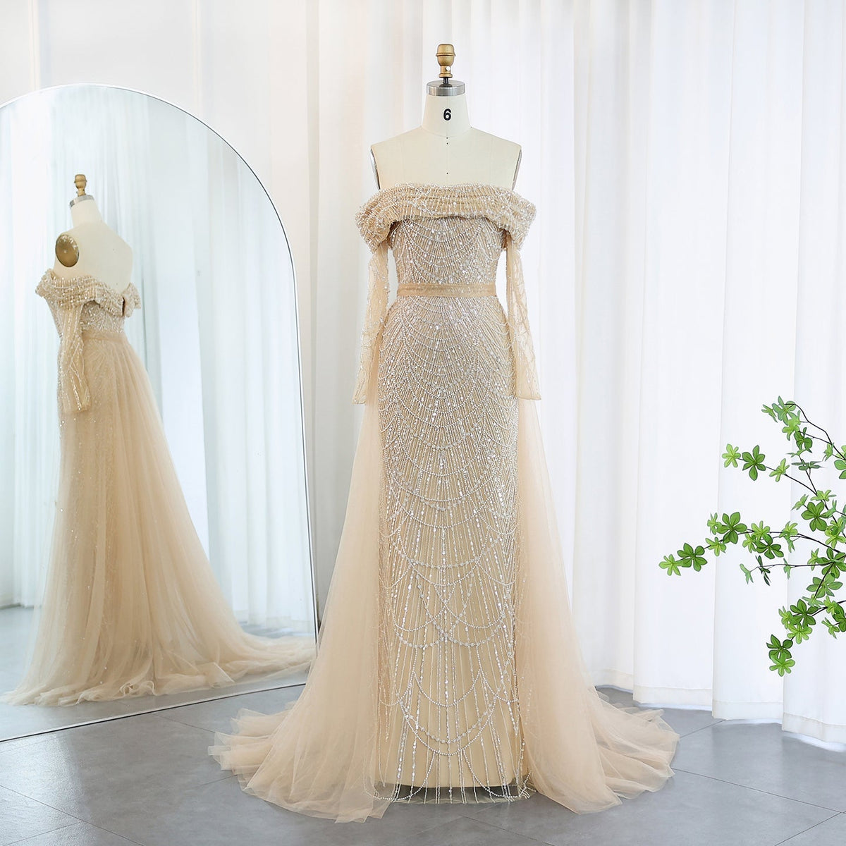 Luxury Off Shoulder Light Blue Mermaid Evening Dress with Detachable Overskirt Dubai SS287